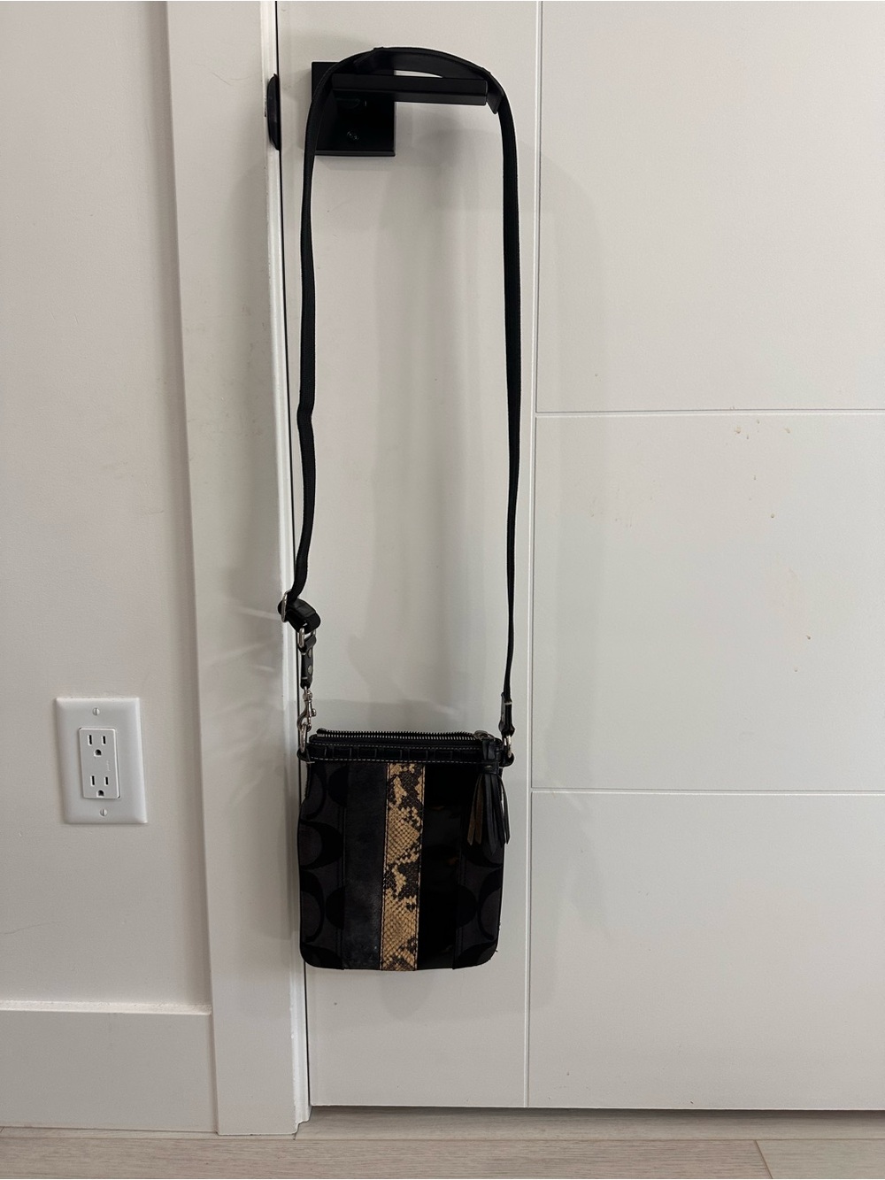 Coach Black Signature Crossbody with Snake-Print Stripe